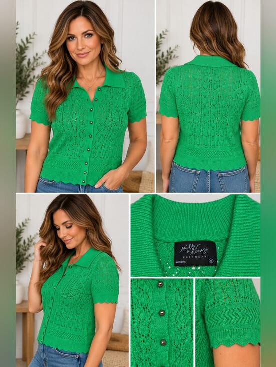 Milk & Honey Tops - Milk & Honey Green Open Knit Button Front Collared Top Medium New With Tag